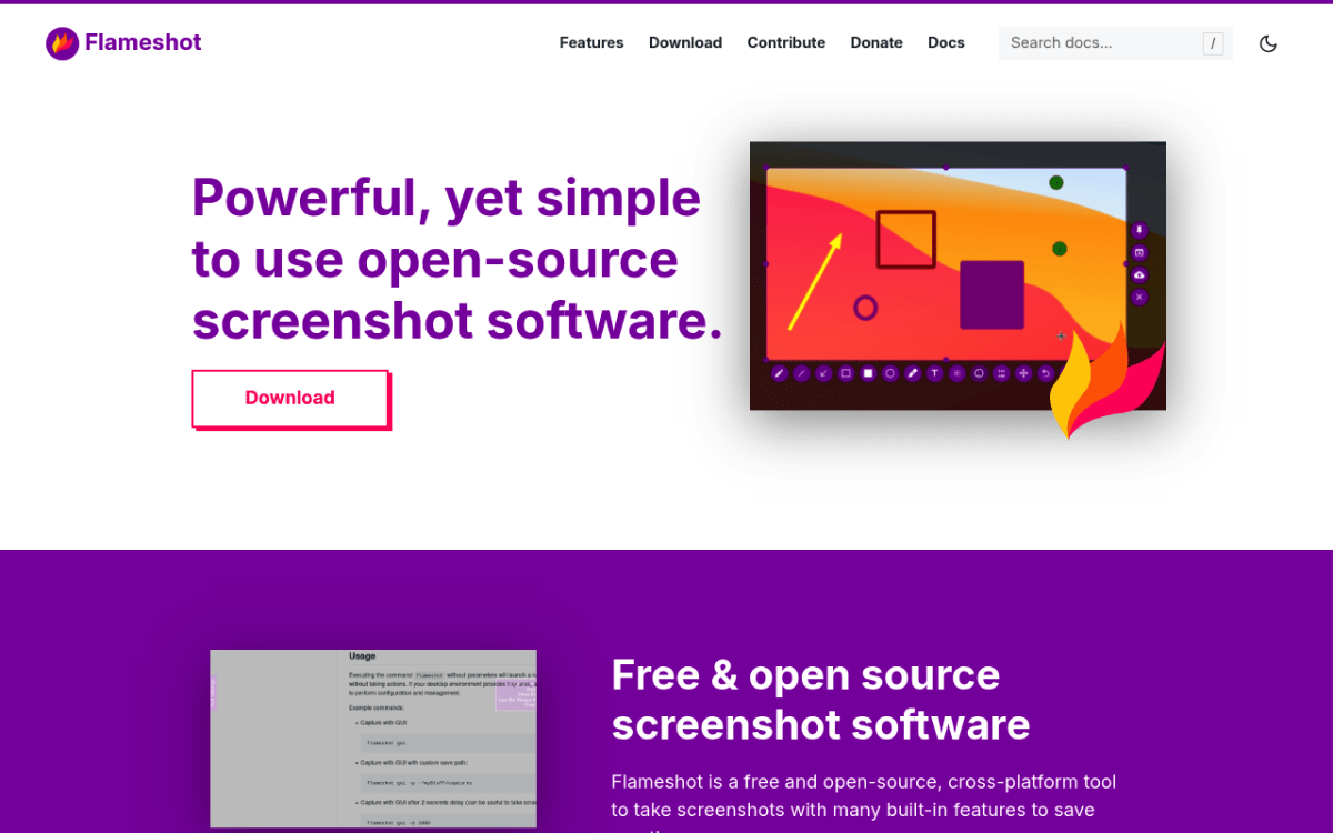 Flameshot homepage as a modern open-source Greenshot alternative