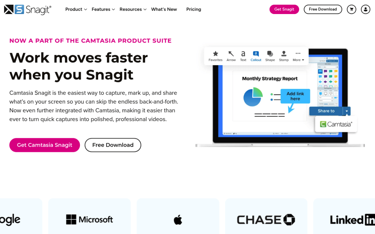 Snagit homepage as the pro paid Greenshot alternative for teams