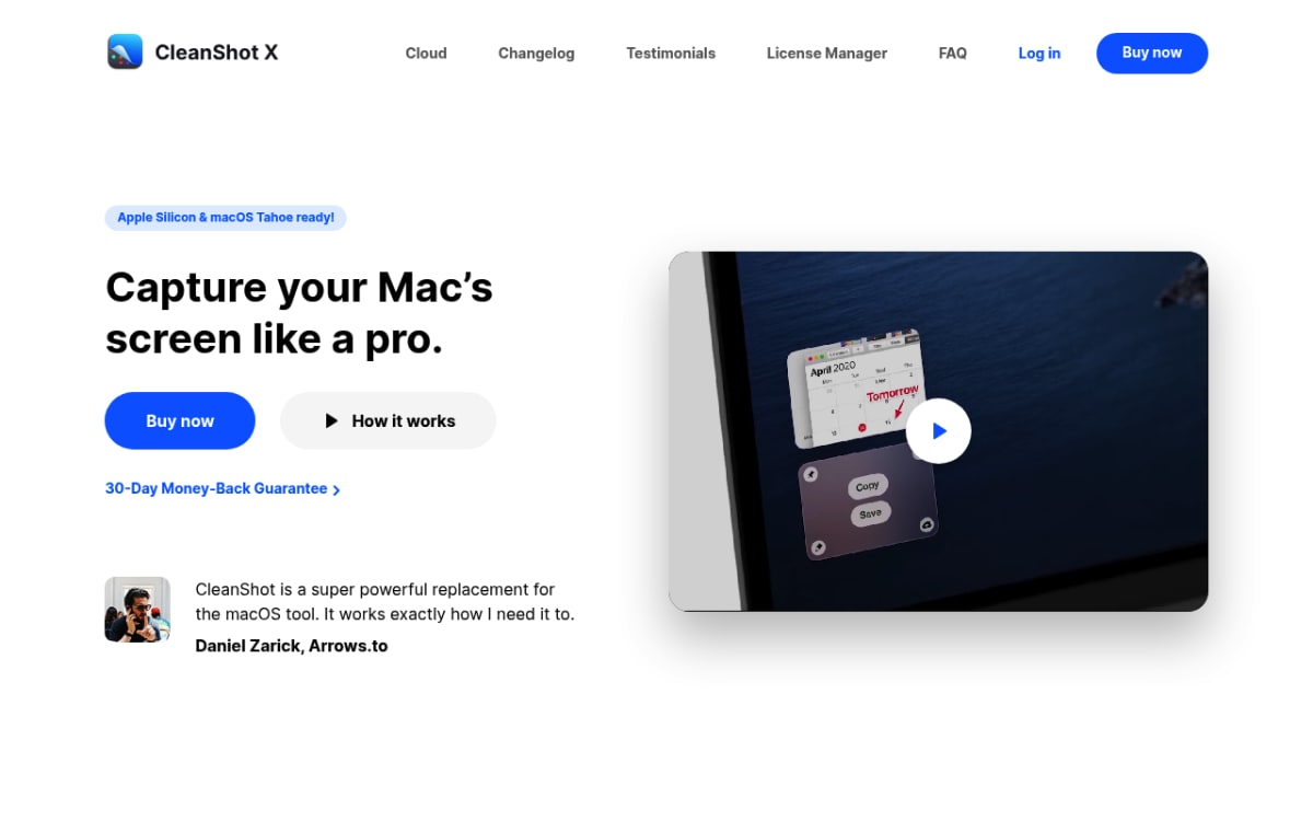 CleanShot X homepage showing the Mac screen capture and recording app