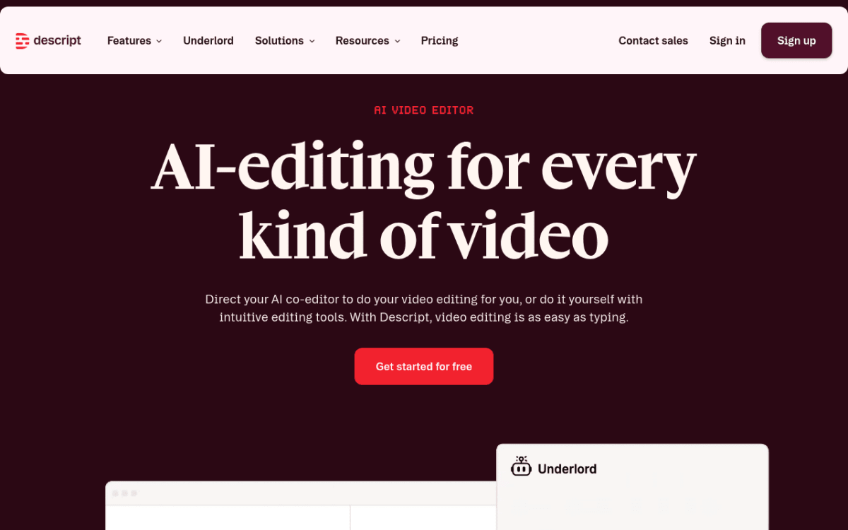 Descript AI video editing platform homepage