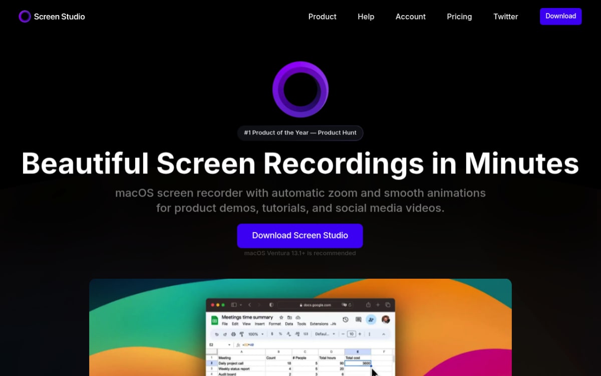 Screen Studio homepage showing the Mac cinematic screen recorder