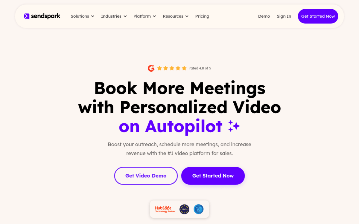Sendspark homepage showing the sales video personalization tool