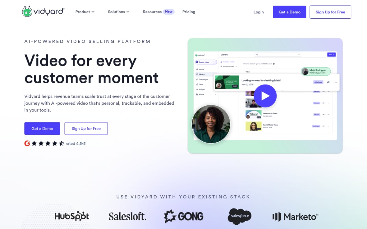 Vidyard homepage showing the enterprise sales video platform
