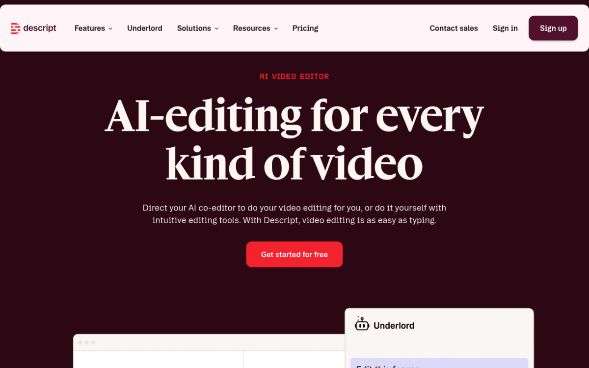 Descript homepage showing the document-style video editor