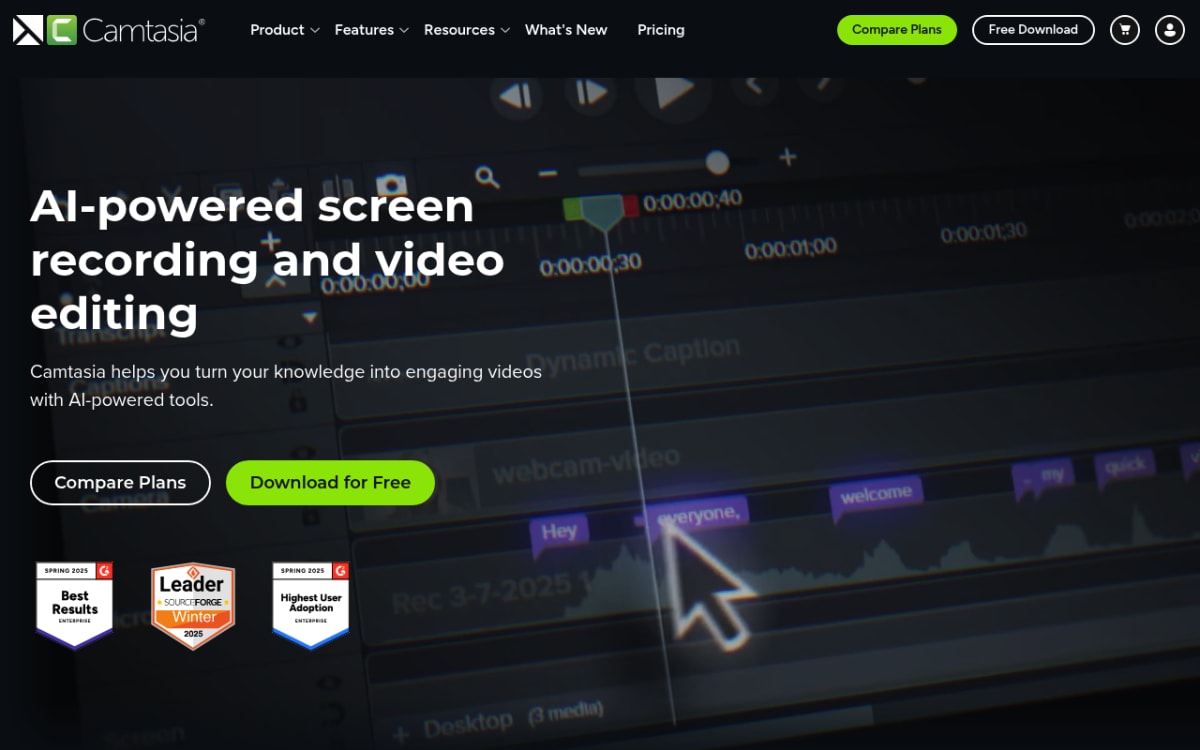 Camtasia homepage showing the multi-track video editor and screen recorder