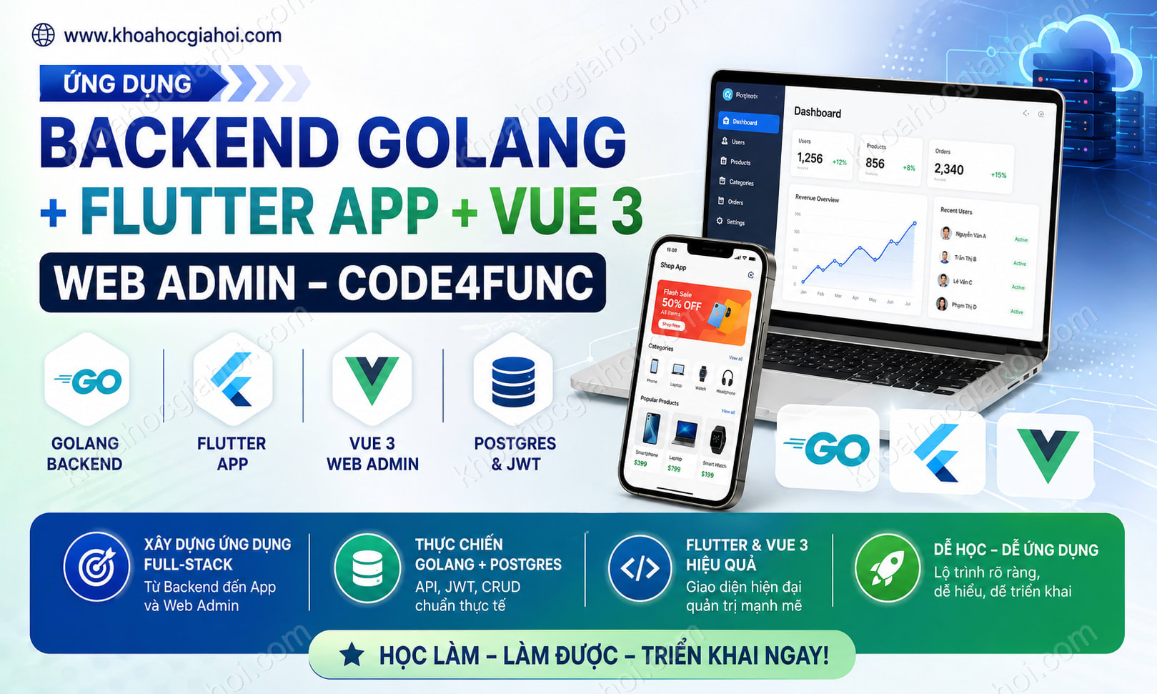 Khóa Học Ứng Dụng Backend Golang + Flutter App + Vue 3, Web Admin Cùng Code4func
