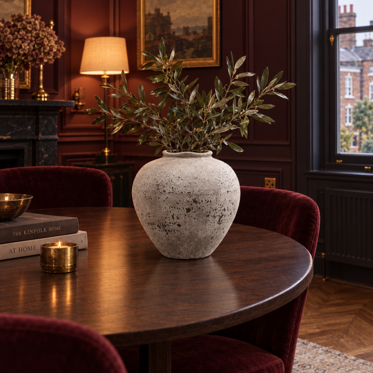 A minimalist grey stone-effect ceramic vase displayed on a sideboard with dried floral stems.