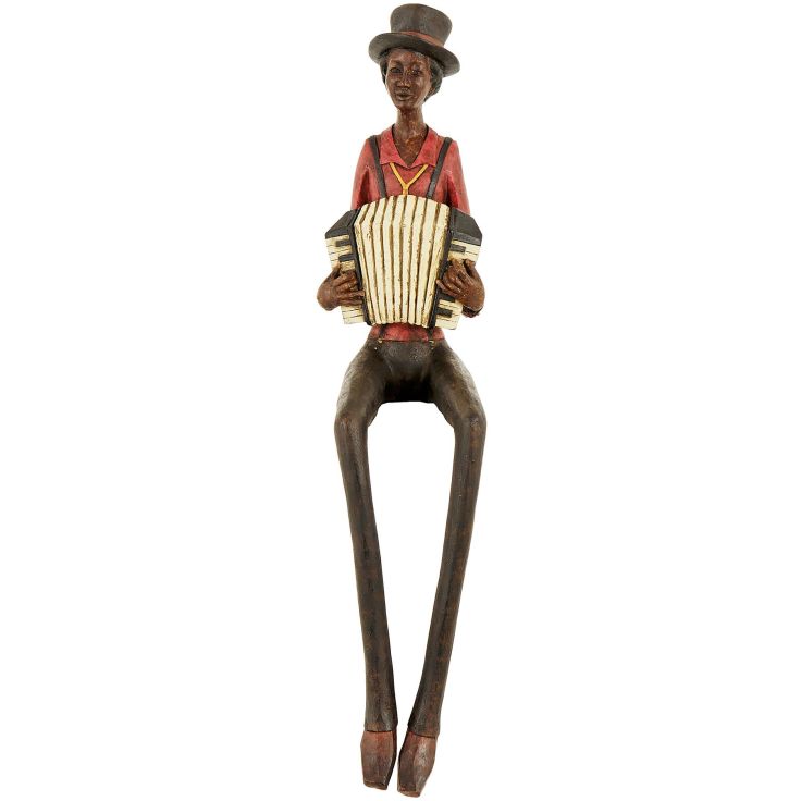 A decorative resin Sitting Jazz Band Squeeze Box figurine featuring intricate painted details on a neutral background.