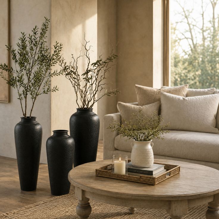A medium-sized handcrafted matt black hammered steel vase displayed as a floor standing decorative accent.