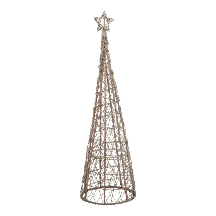 Large natural woven wicker Christmas tree with LED lights and a star topper in a rustic living room setting.