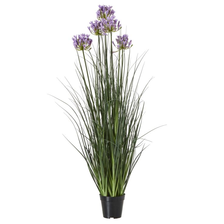 Large purple agapanthus artificial plant in a pot displayed in a bright living room