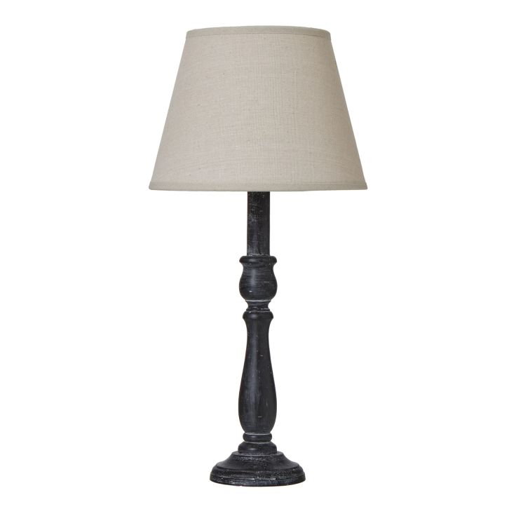 Ravenna Column Table Lamp with distressed black base and neutral linen shade