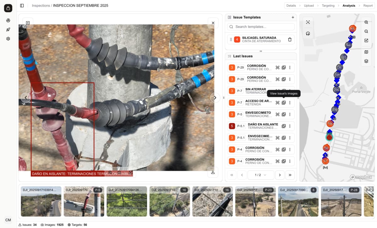 Dashboard PowTrack - Plataforma de gestión de inspecciones eléctricas con drones, mapas interactivos y análisis automatizado de anomalías