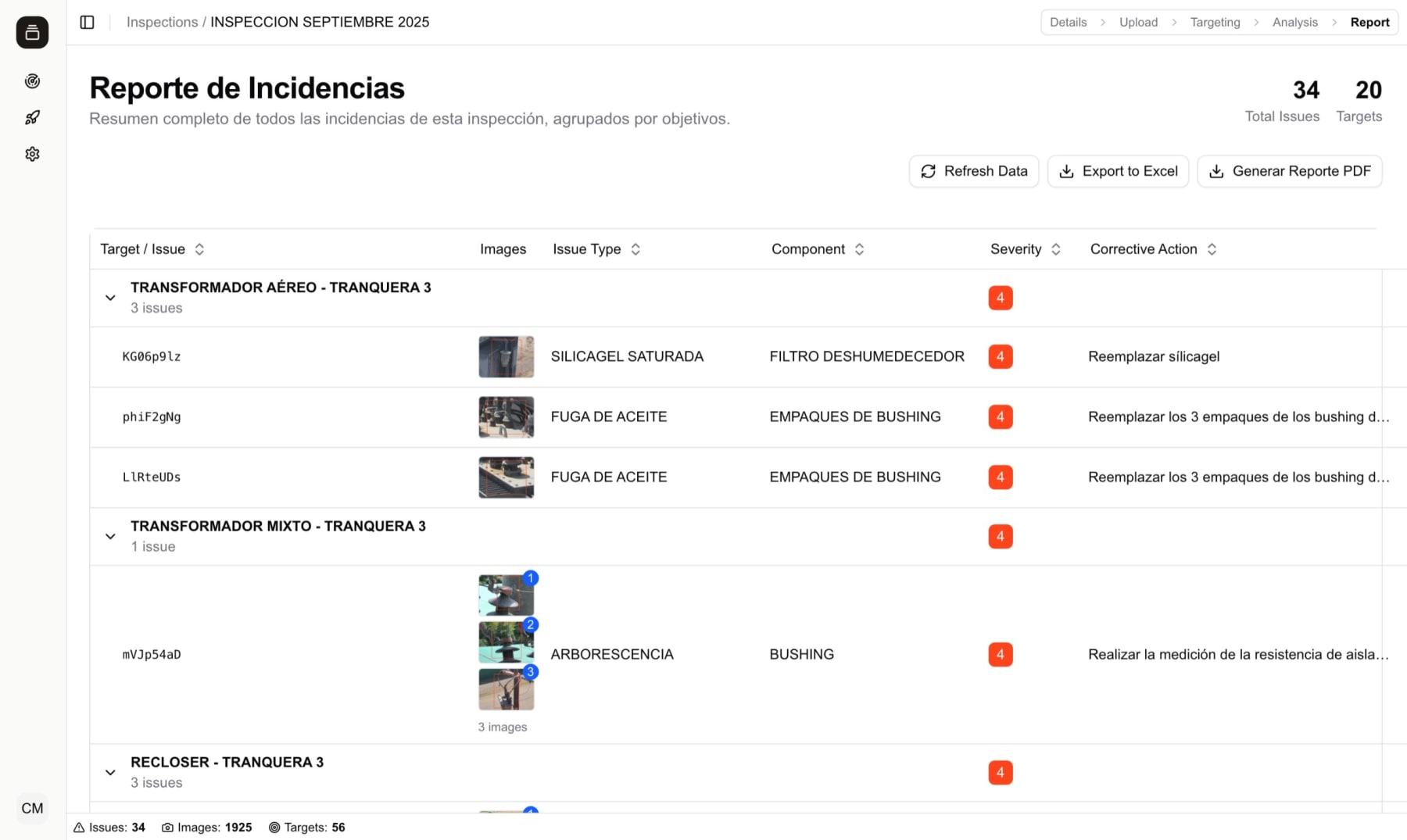 Reportes - Funcionalidad de PowTrack para inspecciones eléctricas con drones y análisis automatizado