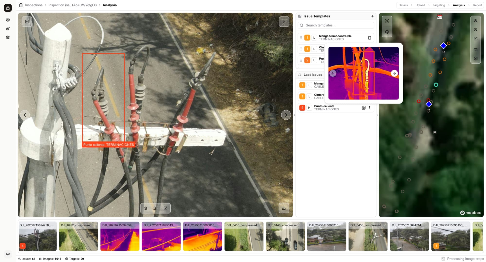 Interfaz del software POWTRACK mostrando análisis de inspección con mapas y datos termográficos