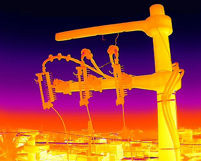 Termograma de zona de seccionadores de línea eléctrica de 22.9kV en estructura de distribución de concreto