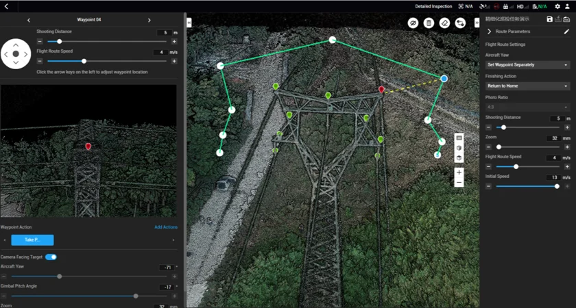 Configuración de waypoints de misión de inspección en la aplicación DJI Pilot sobre modelo 3d de sistema de transmisión eléctrico. Fuente: sitio web de DJI