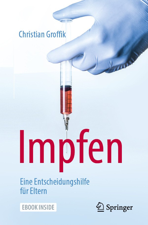 Buchcover Impfen eine Entscheidungshilfe für Eltern, Hand mit blauem Handschuh hält Spritze gerade nach unten