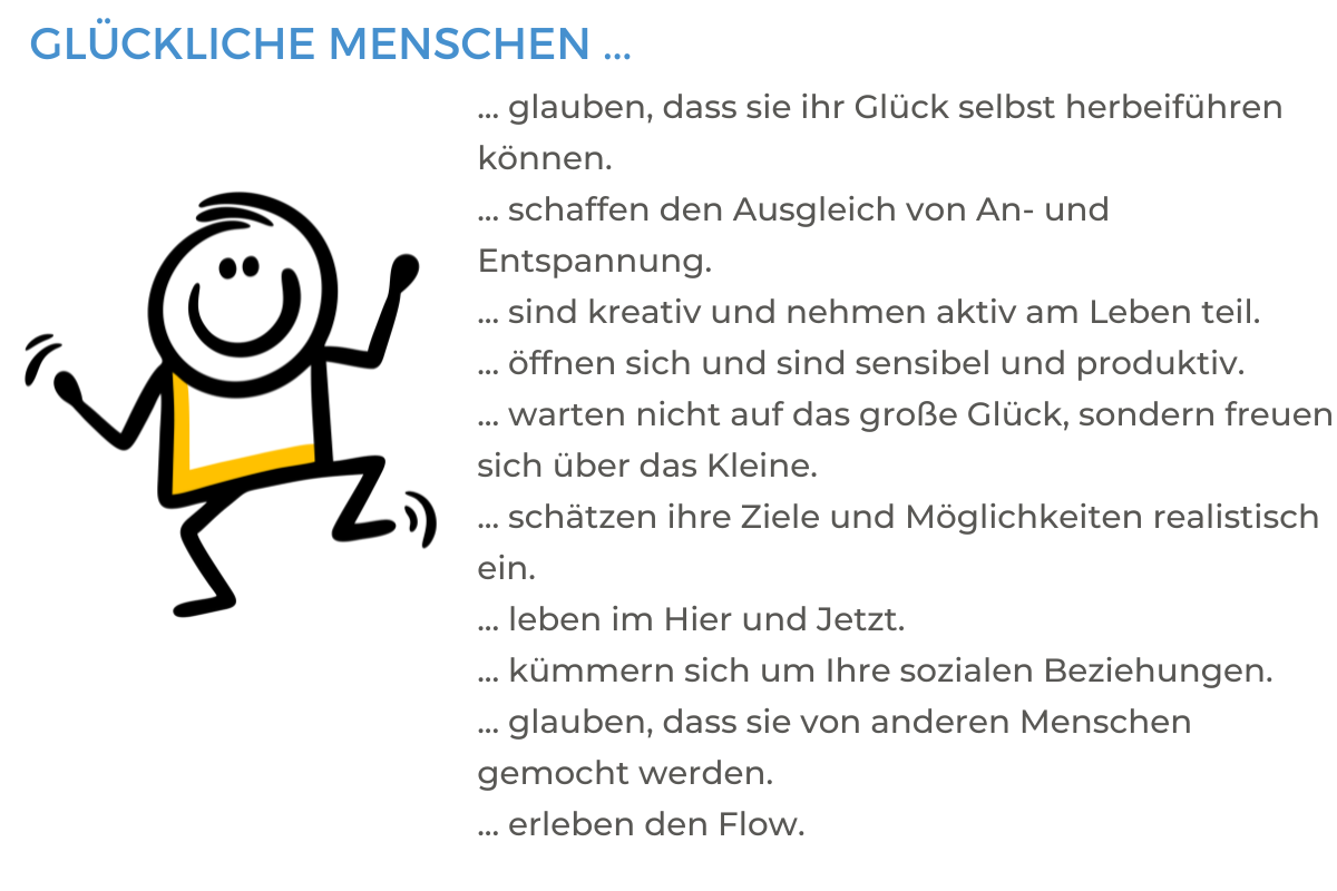 Bild eines lächelnden, stilisierten Strichmännchens neben einer Liste: "GLÜCKLICHE MENSCHEN ... glauben, dass sie ihr Glück selbst herbeiführen können. ... schaffen den Ausgleich von An- und Entspannung. ... sind kreativ und nehmen aktiv am Leben teil."