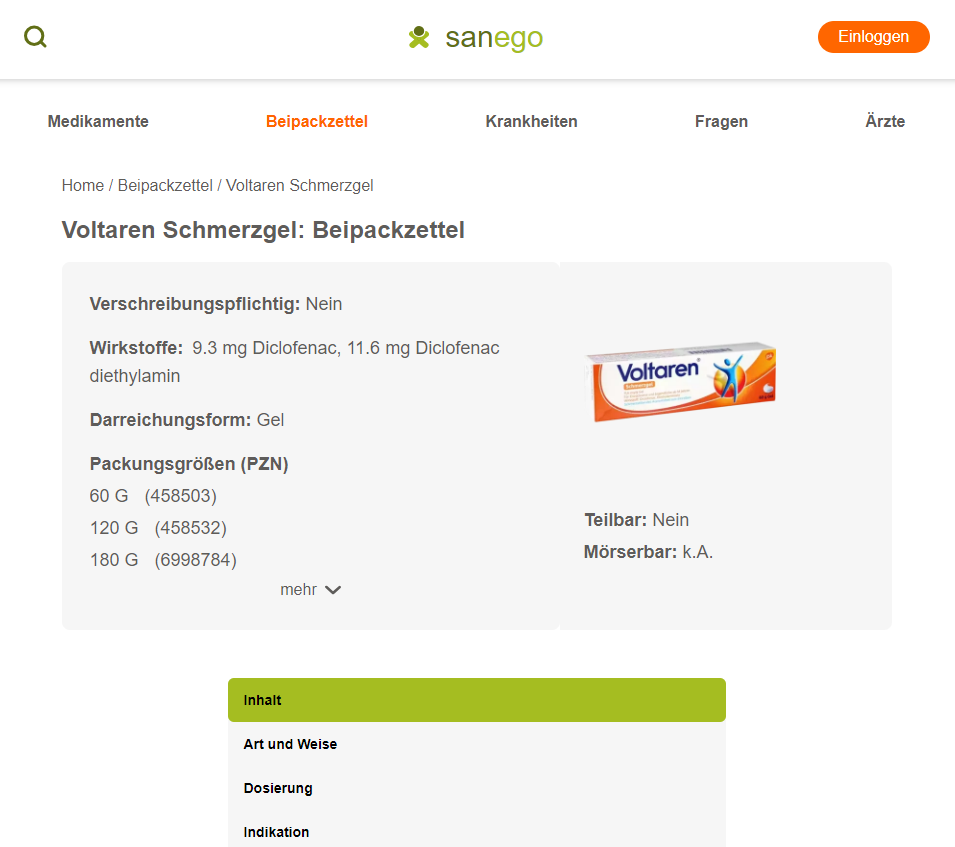 sanego Beipackzettel-Suche Screenshot Voltaren