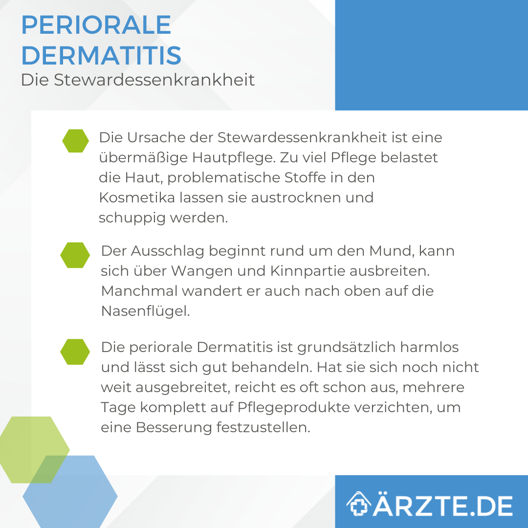 Ein Bild mit einem Erklärungstext zur perioralen Dermatitis. Überschrift: "PERIORALE DERMATITIS - Die Stewardessenkrankheit". Text: "Die Ursache der Stewardessenkrankheit ist eine übermäßige Hautpflege.