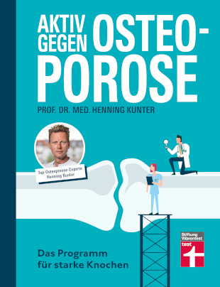 Buchcover „Aktiv gegen Osteoporose“ von Prof. Dr. med. Henning Kunter mit Illustration zweier Knochen und Personen, Untertitel: „Das Programm für starke Knochen“.