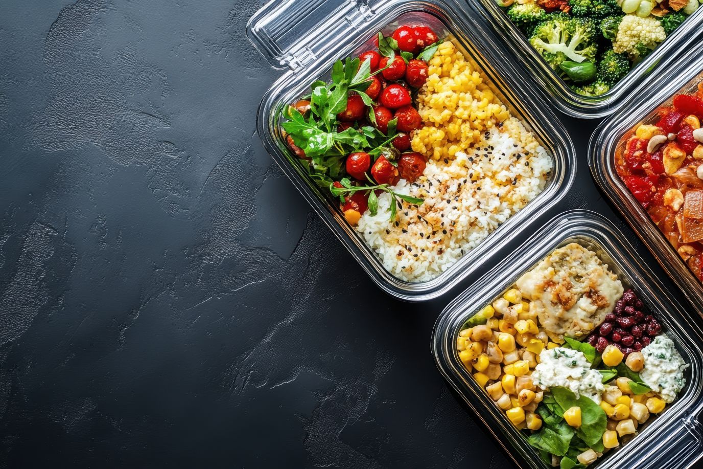 Mehrere Glasbehälter mit bunt angerichteten, gesunden Mahlzeiten aus Reis, Linsen, Gemüse, Blattgrün, Mais und Hülsenfrüchten auf dunklem Untergrund – ideal für Meal Prep.