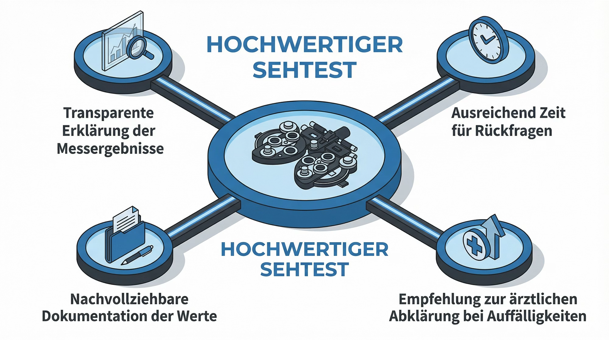 Infografik zu hochwertigem Sehtest: transparente Erklärung der Messergebnisse, ausreichend Zeit für Rückfragen, nachvollziehbare Dokumentation der Werte und Empfehlung zur ärztlichen Abklärung bei Auffälligkeiten.