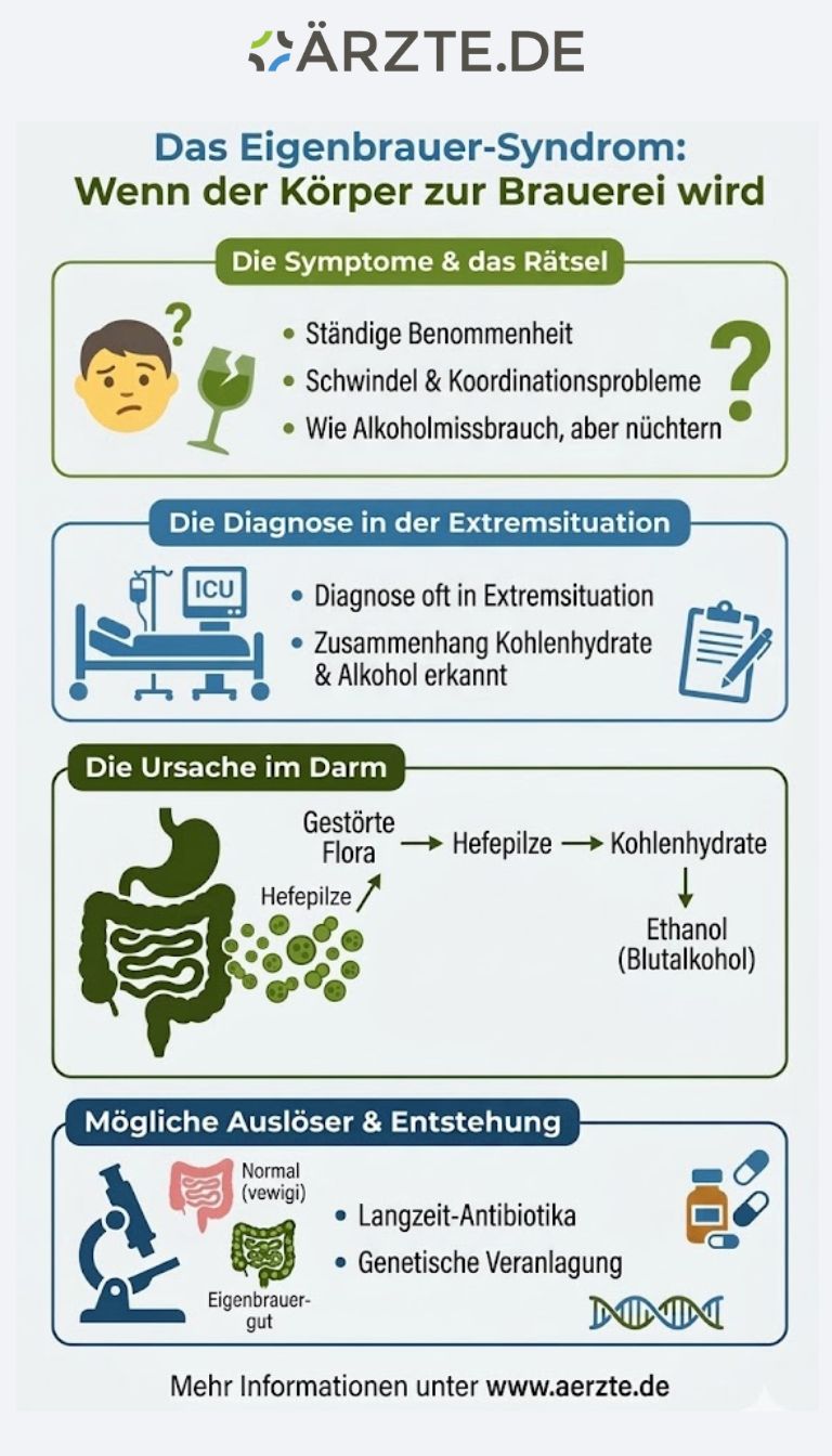 Übersichtsrafik über die Symptome sowie Diagnose und Auslöser des Eigenbrauersyndroms 