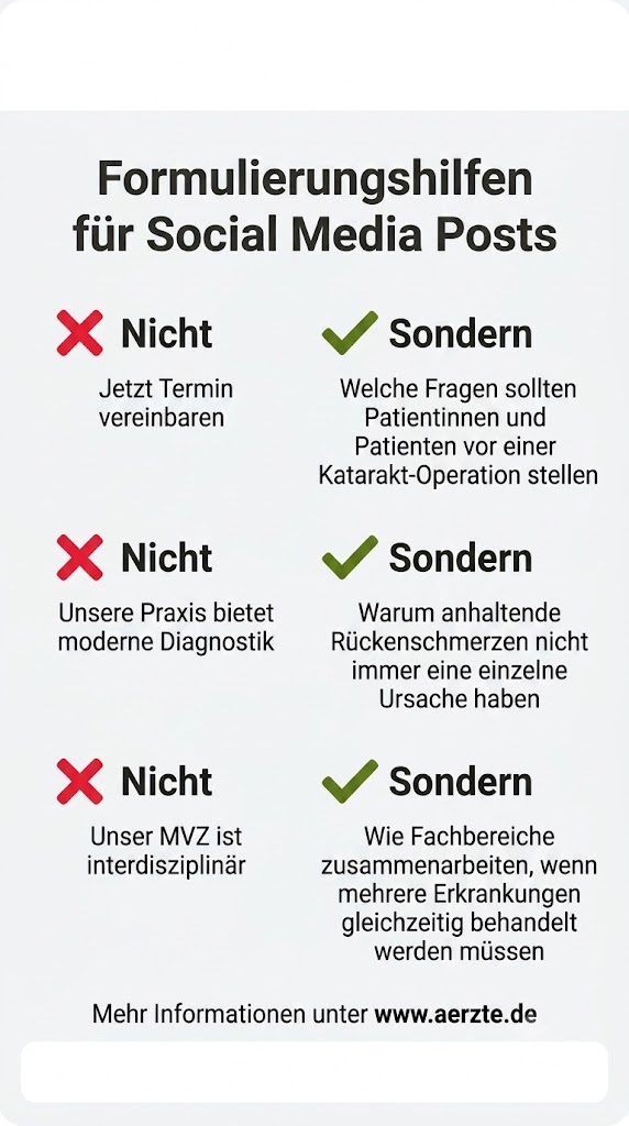 Infografik mit Formulierungsbeispielen für Social Media Postings in Arztpraxen