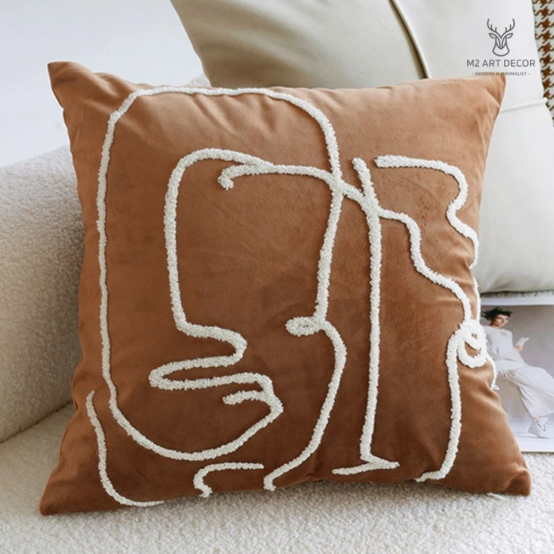 Vỏ gối tone nâu phối đường bông trắng - Đồ decor trang trí M2 Art Decor