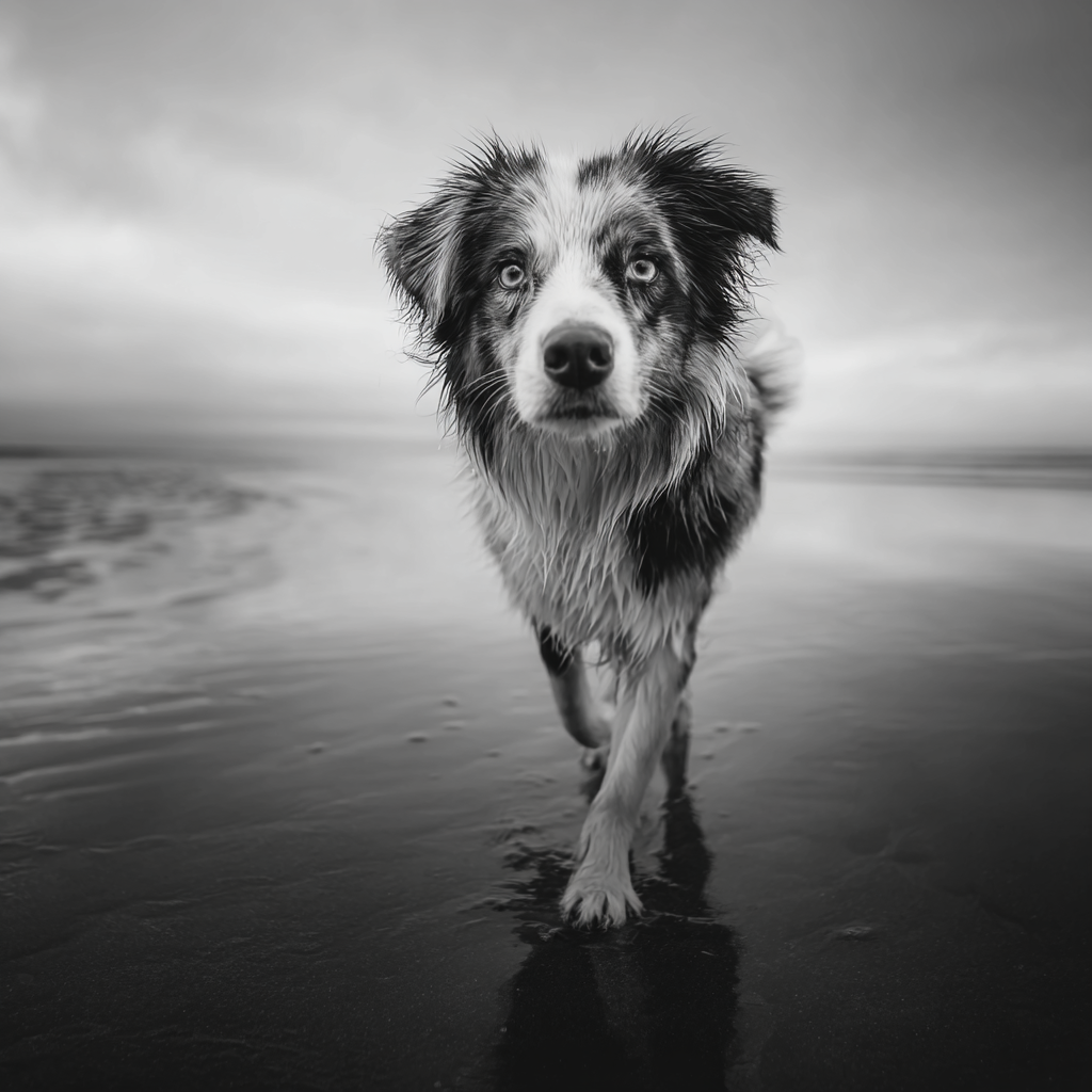 Australian Shepherd walking on beach