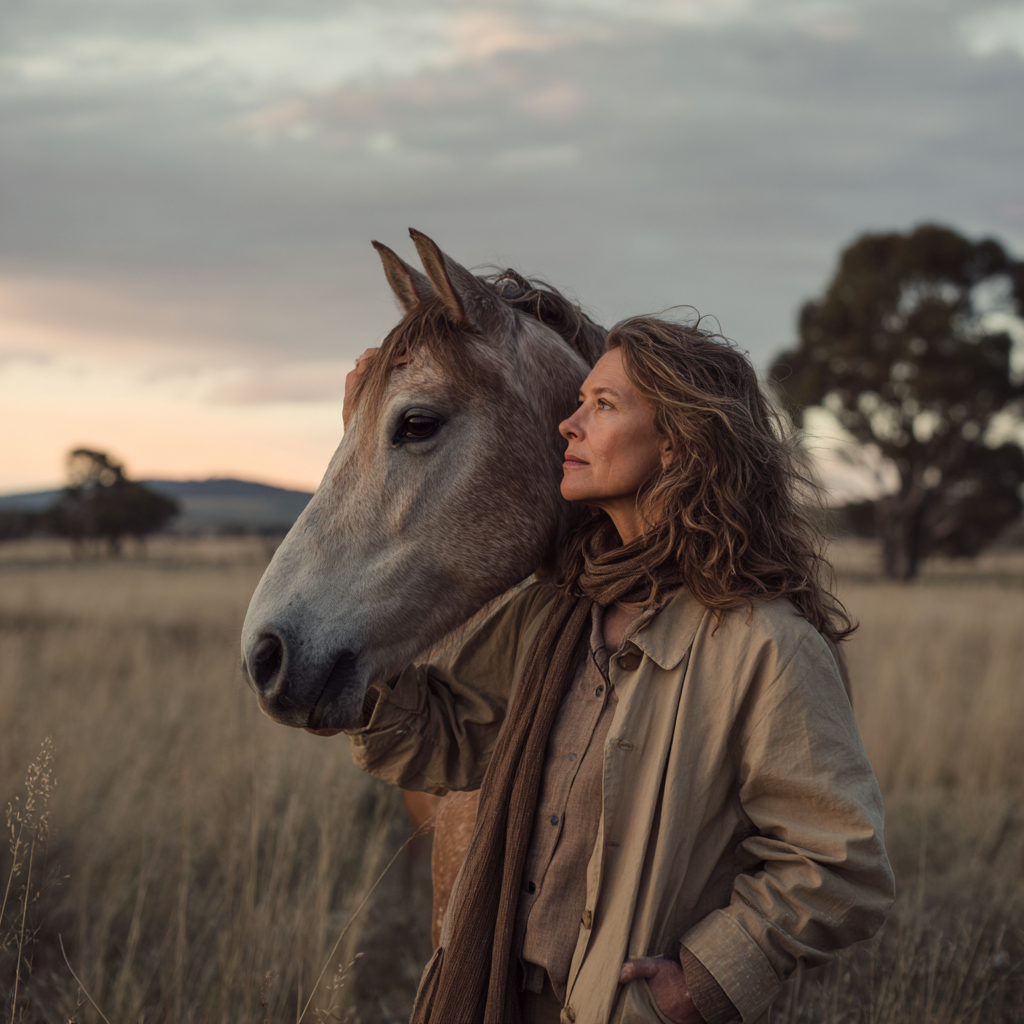 Woman standing with horse at dusk in open paddock