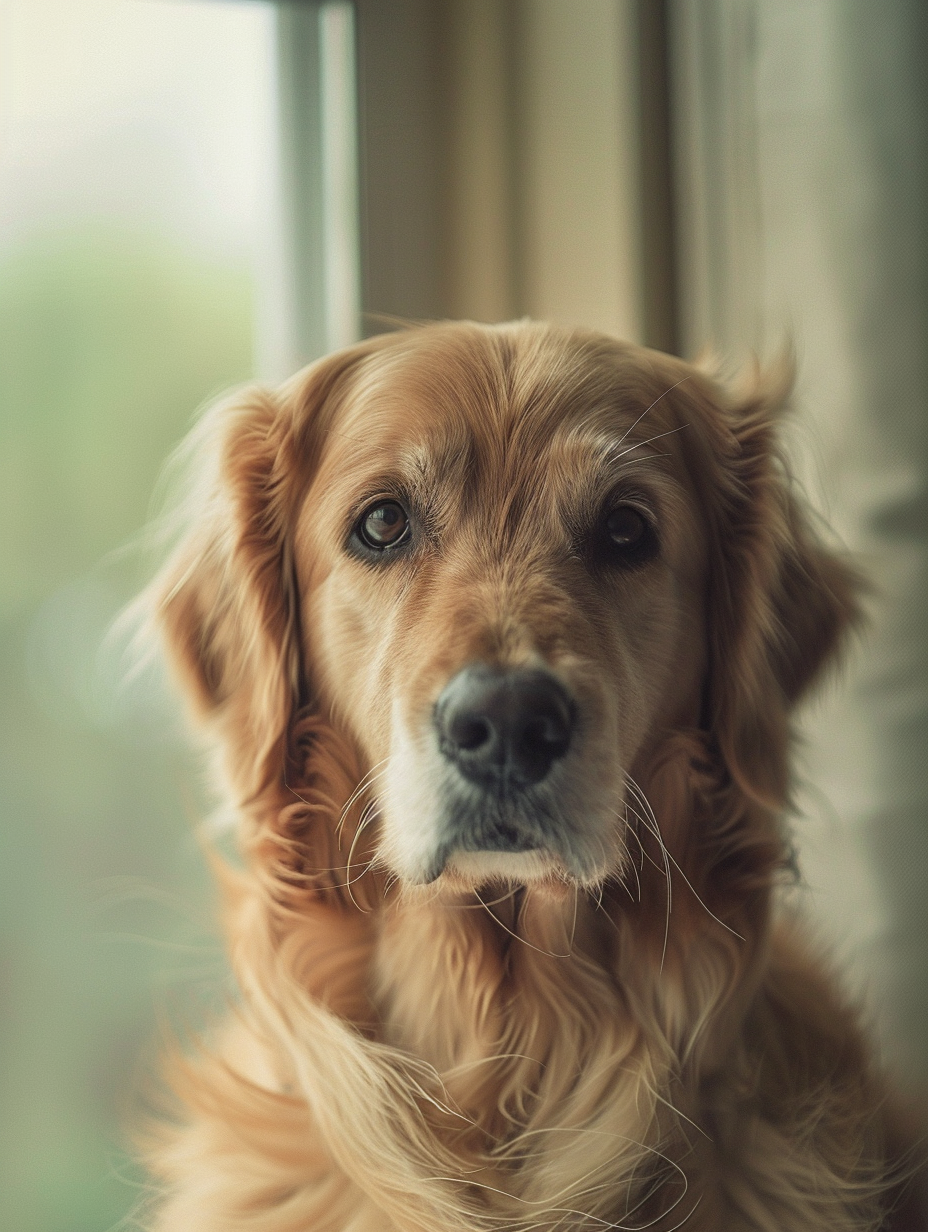 Golden retriever portrait by window, soft light