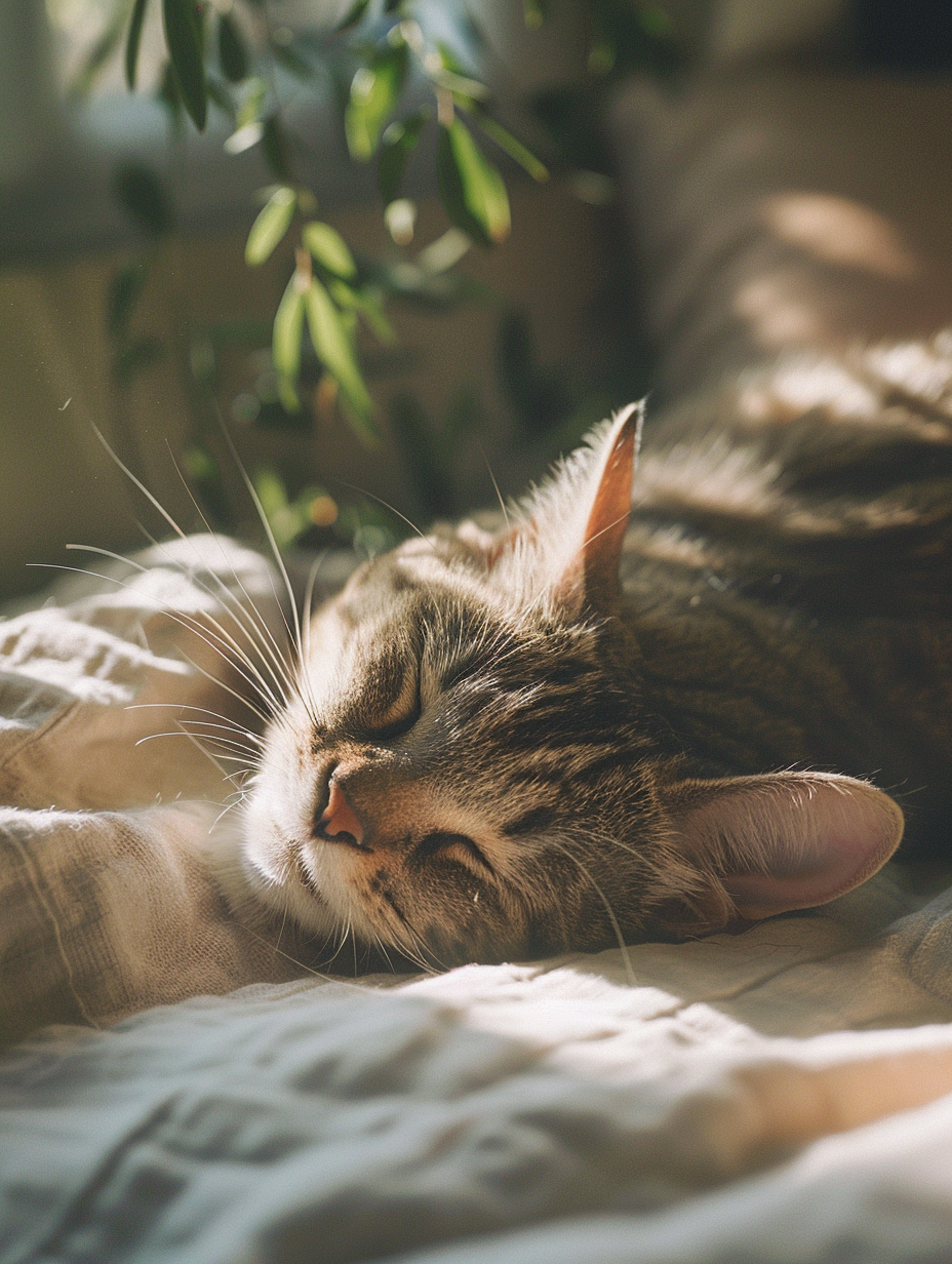Cat sleeping peacefully in morning sunlight