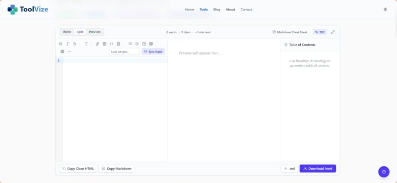 ToolVize Markdown to HTML converter showing editor, live preview, and generated HTML