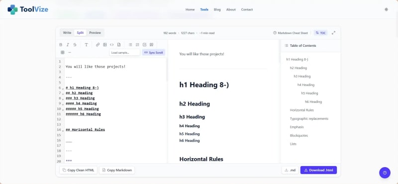 Markdown document being edited in the ToolVize browser-based editor