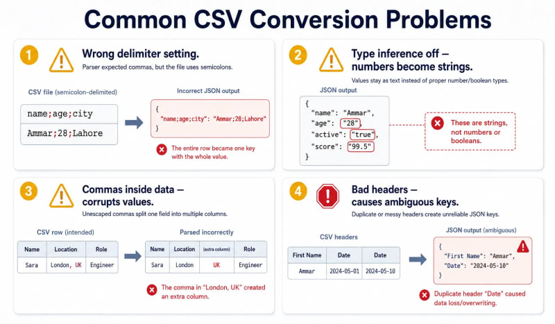 Four common CSV to JSON conversion problems illustrated with examples