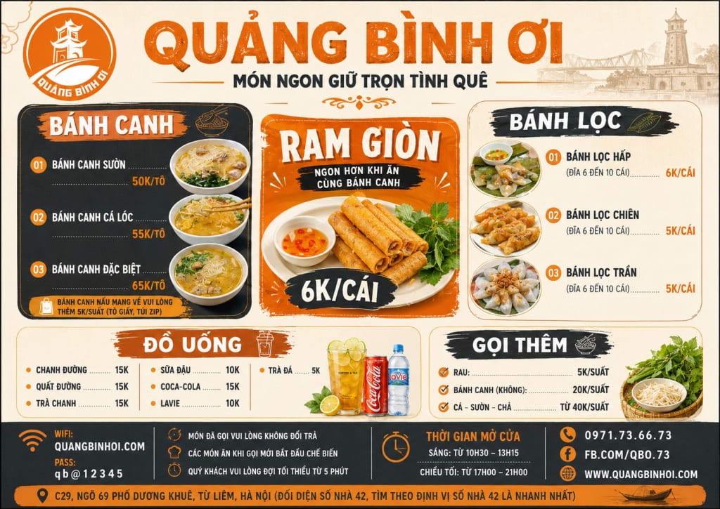 Menu quán Quảng Bình Ơi