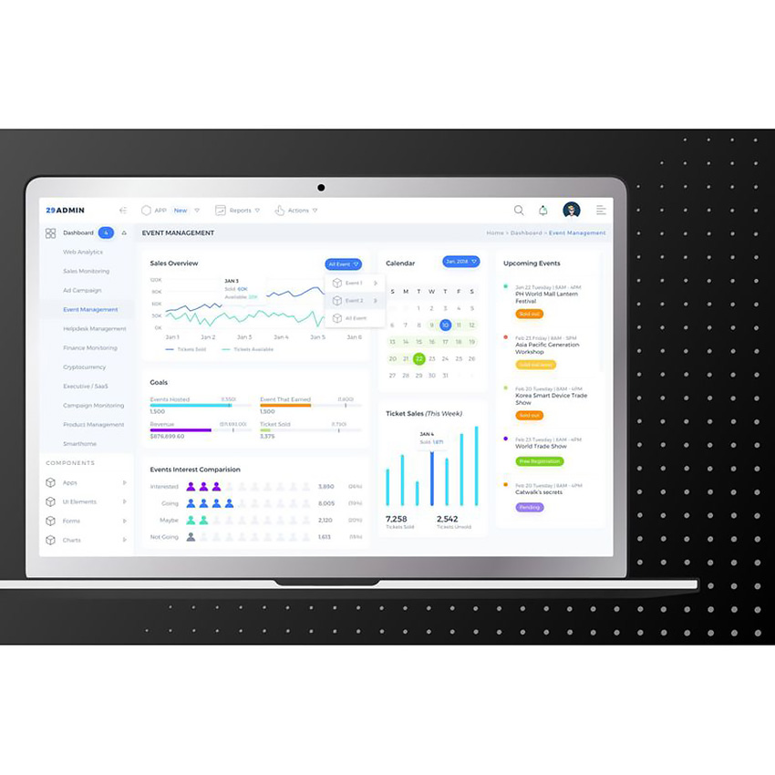 Interface event. Admin dashboard. Интерфейсная панель. Библиотека компонентов UI. Envato elements.