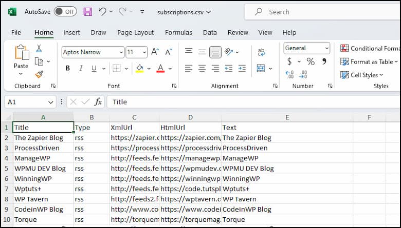 Convert OPML file to CSV file format.