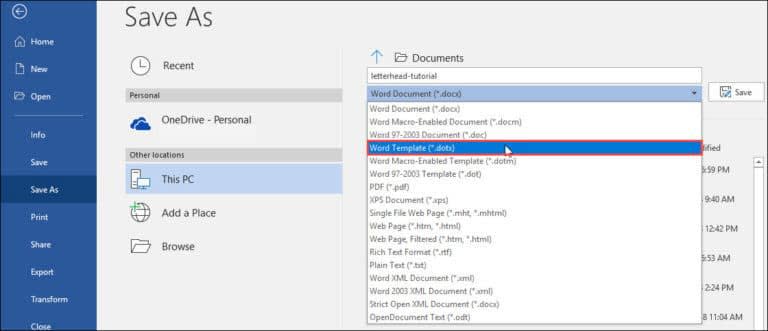 Word Save As menu with Word Template (*.dotx) selected.