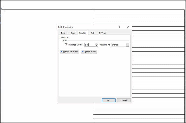 Column tab on Table Properties dialog.