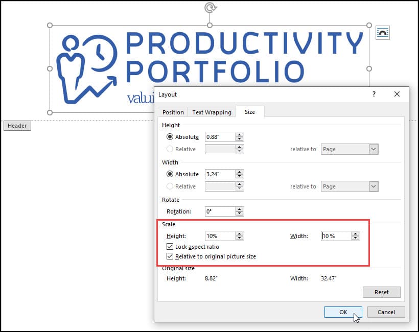 Scaling logo image to 10% from 20% in Layout panel.