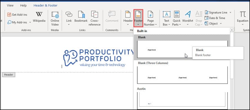 Selecting Footer menu option from drop-down menu.