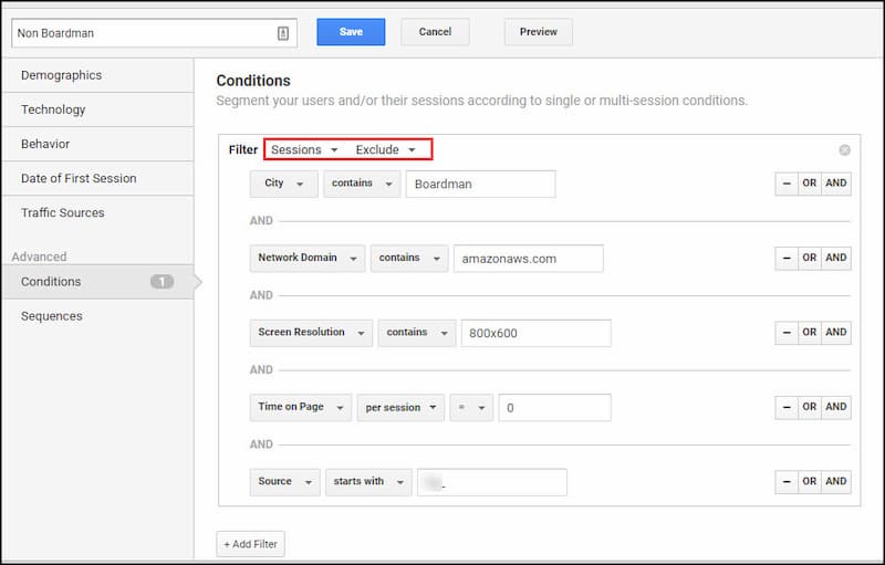 Custom segment excluding Boardman amazonaws traffic