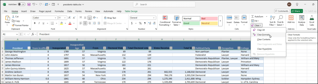 Applying Clear Format to Excel Table header.