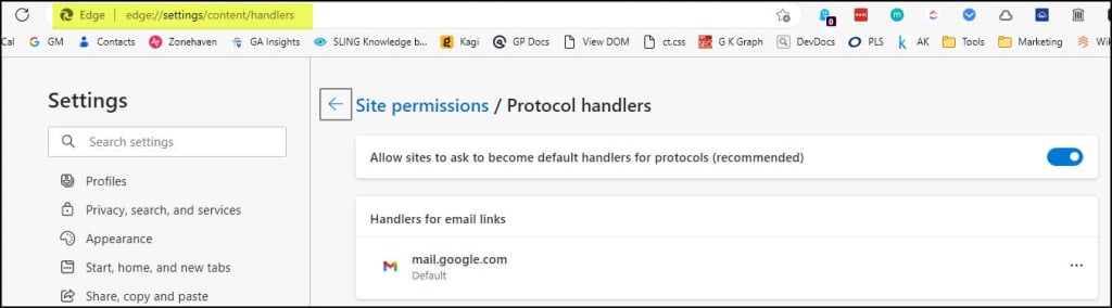 Protocol handlers setting panel in Microsoft Edge.