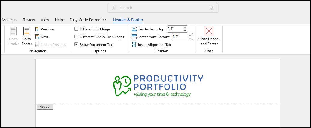 Center aligned logo in Header area.