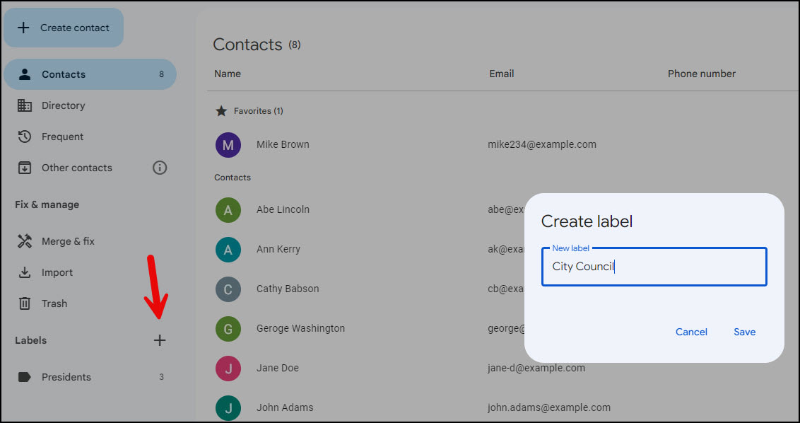 Adding new Contact Label from nav menu.
